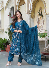 Blue Cotton Angrakha Style Kurta, Pant And Dupatta Set